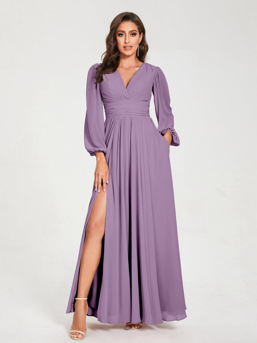 Abito da damigella d'onore a trapezio con maniche lunghe - Elegante abito formale per matrimoni e feste