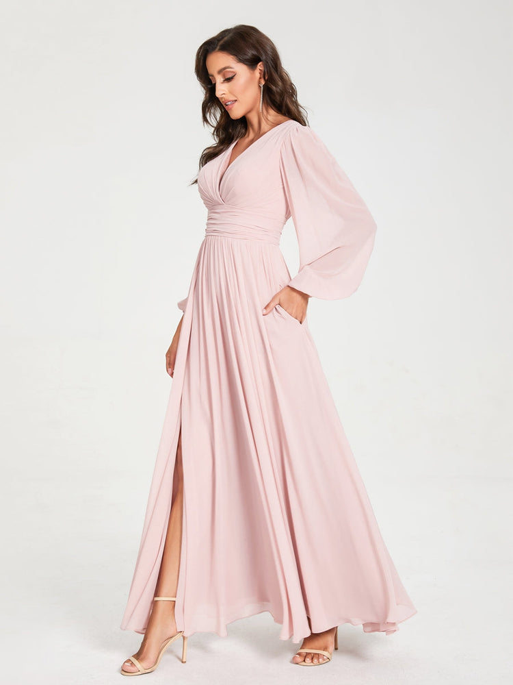 Abito da damigella d'onore a trapezio con maniche lunghe - Elegante abito formale per matrimoni e feste