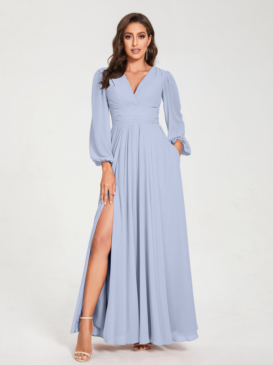 Abito da damigella d'onore a trapezio con maniche lunghe - Elegante abito formale per matrimoni e feste