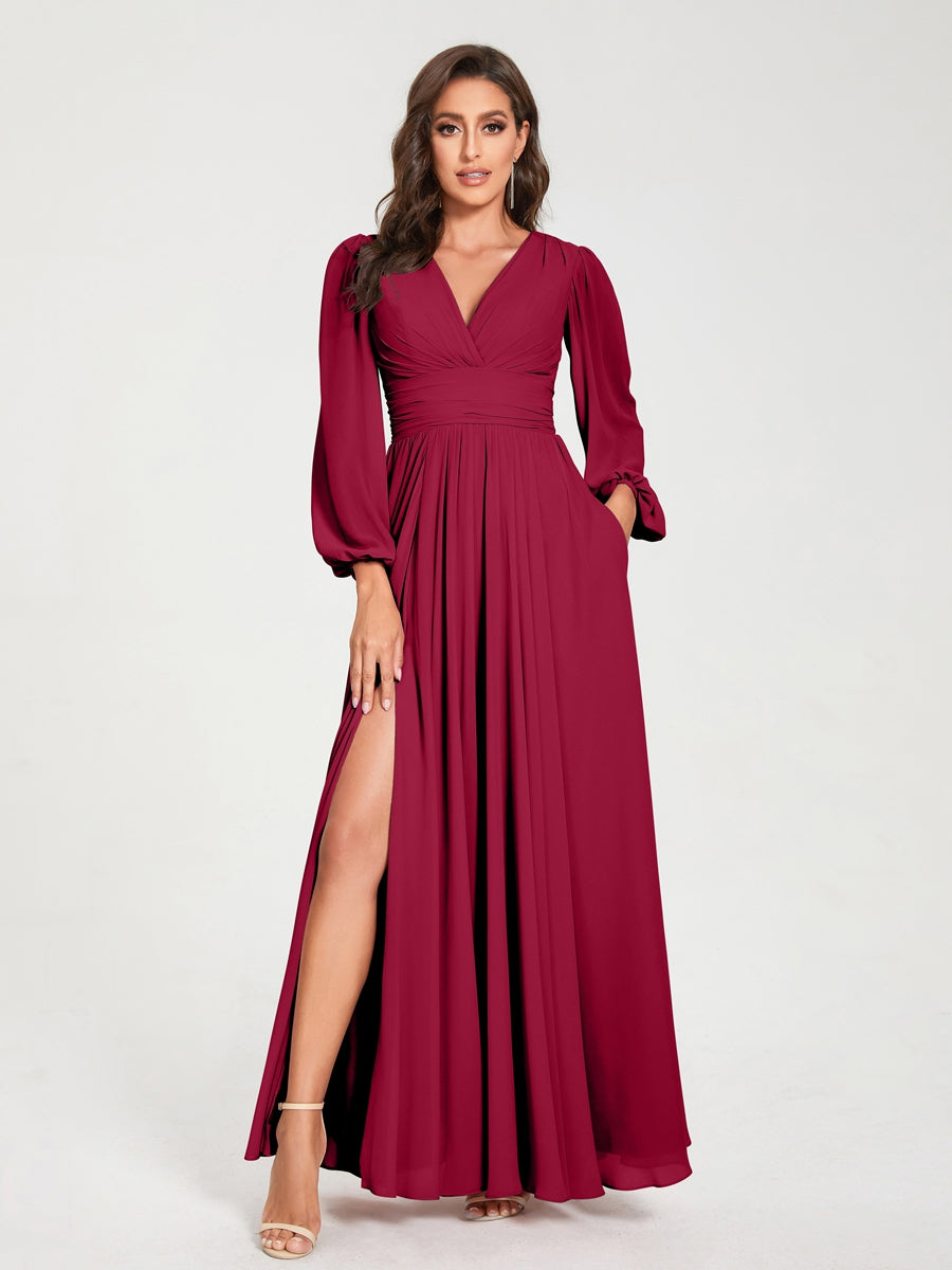 Abito da damigella d'onore a trapezio con maniche lunghe - Elegante abito formale per matrimoni e feste
