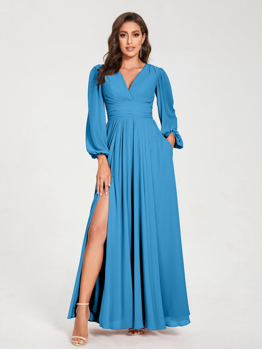 Abito da damigella d'onore a trapezio con maniche lunghe - Elegante abito formale per matrimoni e feste