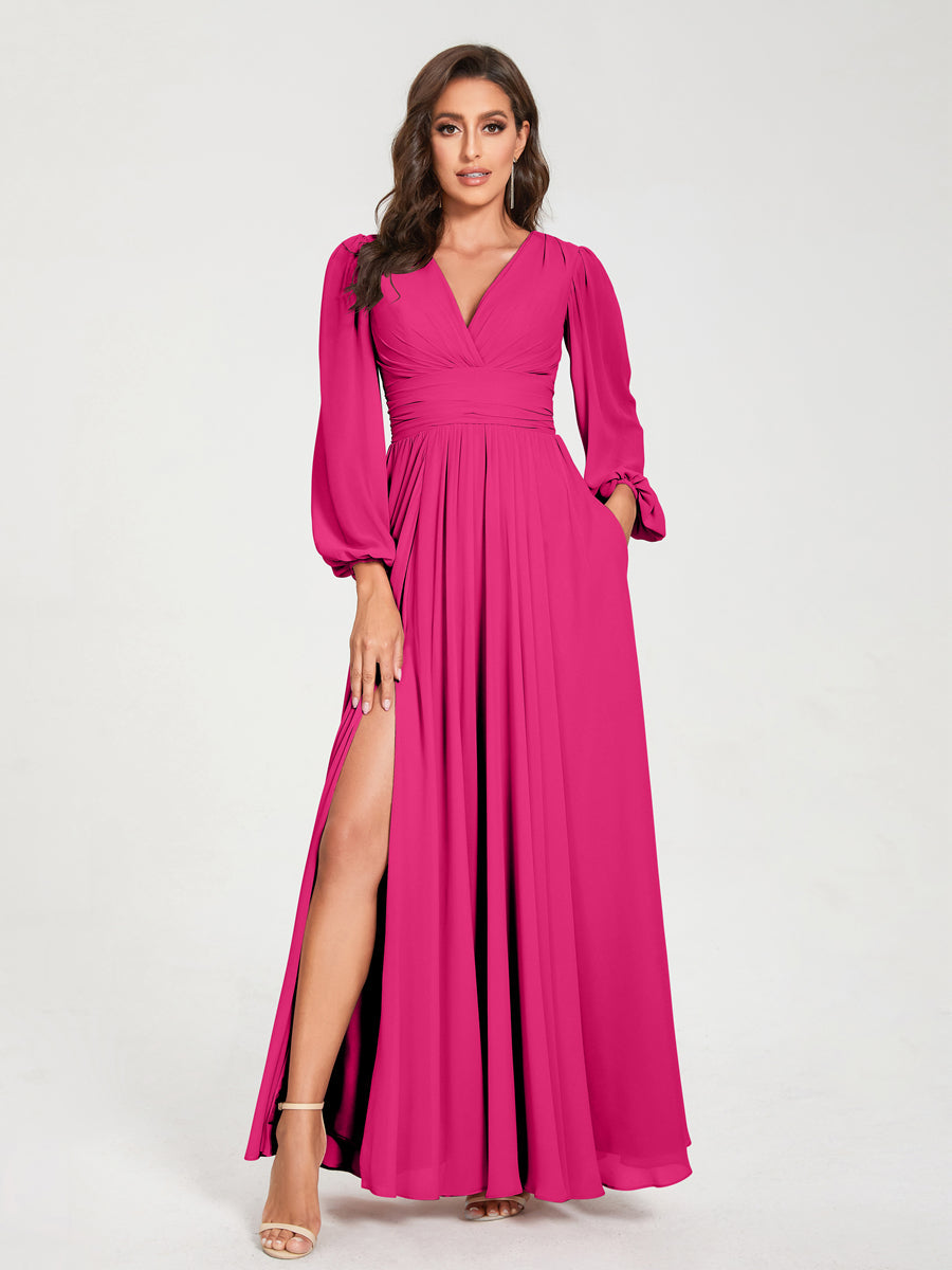 Abito da damigella d'onore a trapezio con maniche lunghe - Elegante abito formale per matrimoni e feste