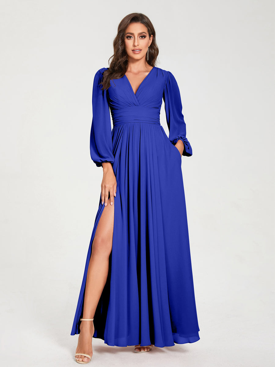 Abito da damigella d'onore a trapezio con maniche lunghe - Elegante abito formale per matrimoni e feste