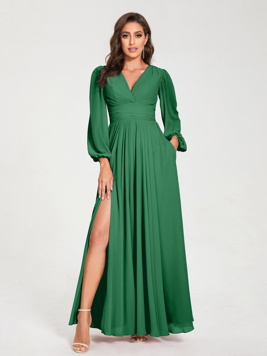 Abito da damigella d'onore a trapezio con maniche lunghe - Elegante abito formale per matrimoni e feste