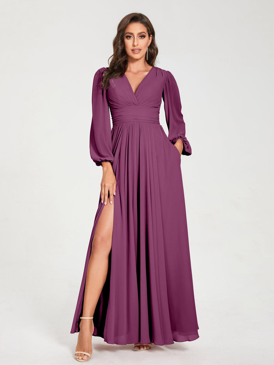 Abito da damigella d'onore a trapezio con maniche lunghe - Elegante abito formale per matrimoni e feste