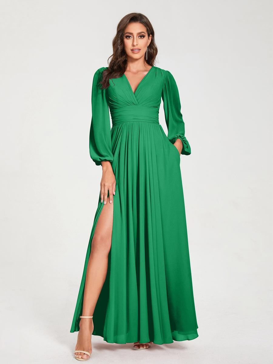 Abito da damigella d'onore a trapezio con maniche lunghe - Elegante abito formale per matrimoni e feste