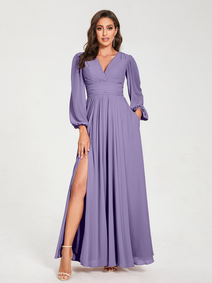 Abito da damigella d'onore a trapezio con maniche lunghe - Elegante abito formale per matrimoni e feste