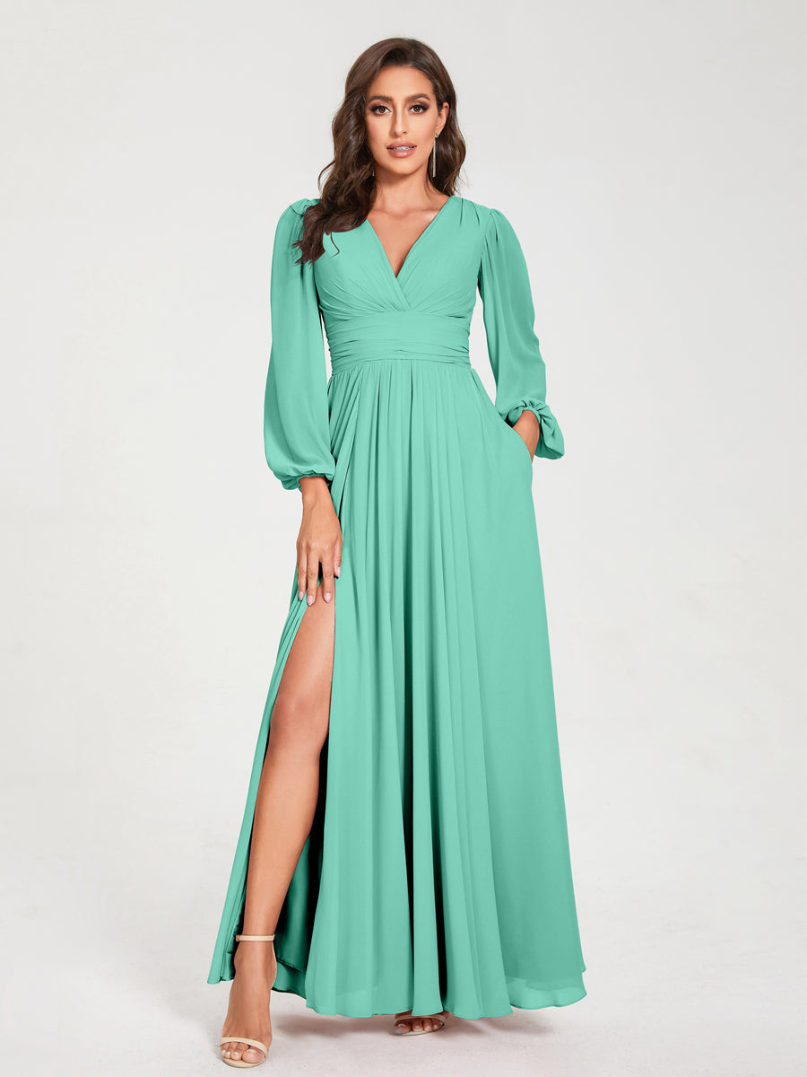 Abito da damigella d'onore a trapezio con maniche lunghe - Elegante abito formale per matrimoni e feste