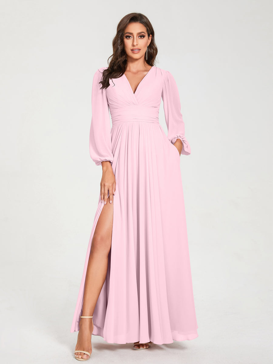 Abito da damigella d'onore a trapezio con maniche lunghe - Elegante abito formale per matrimoni e feste