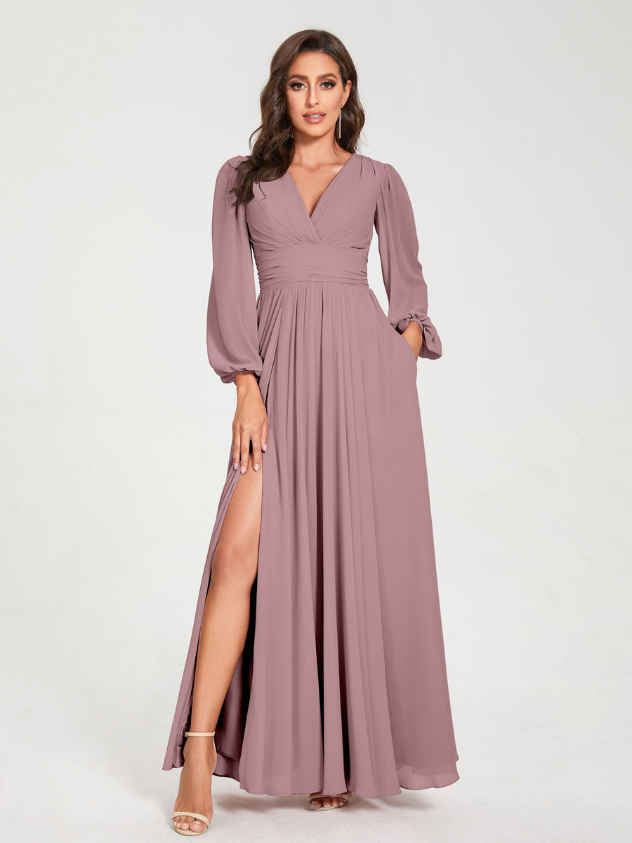Abito da damigella d'onore a trapezio con maniche lunghe - Elegante abito formale per matrimoni e feste