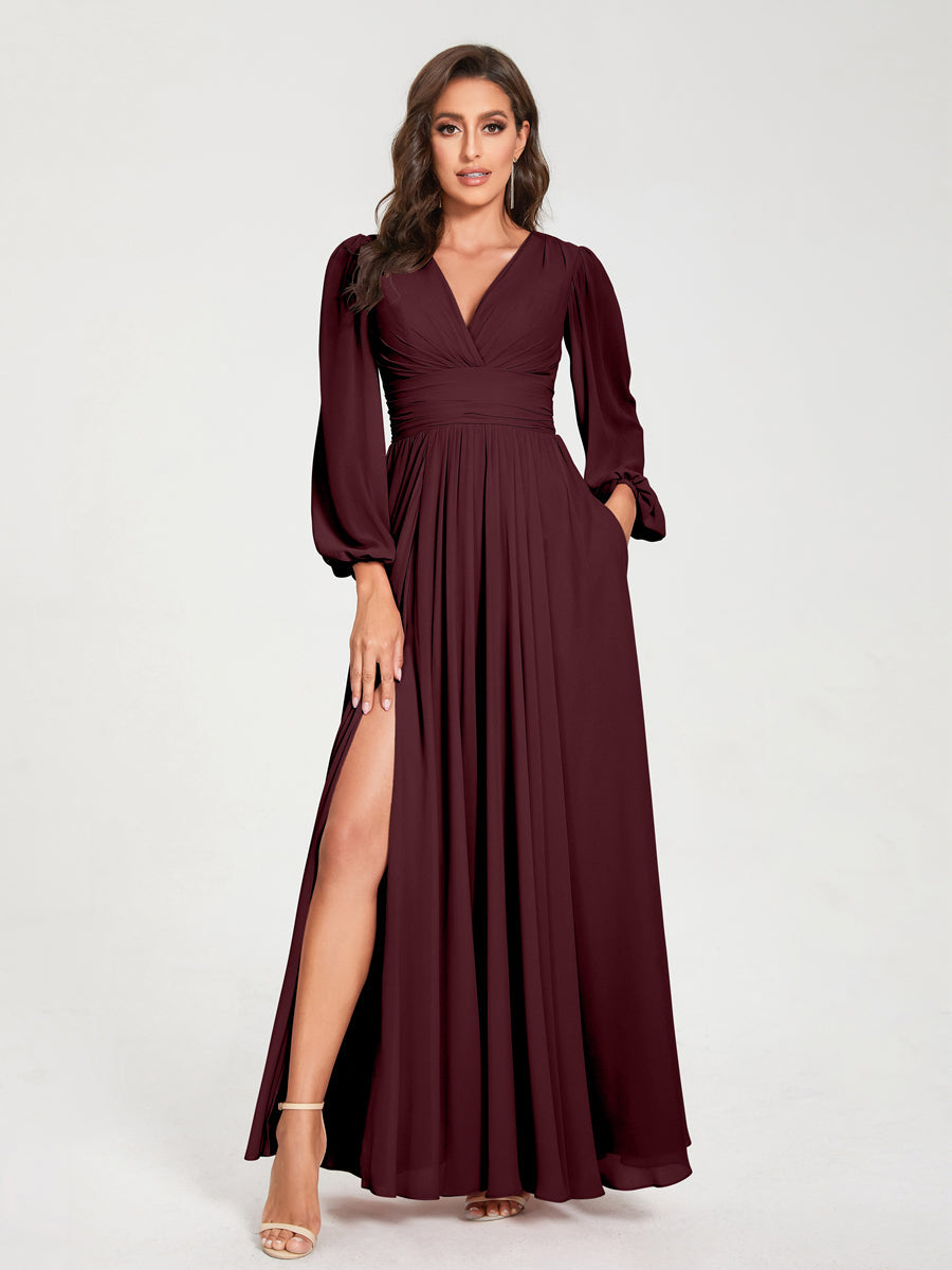 Abito da damigella d'onore a trapezio con maniche lunghe - Elegante abito formale per matrimoni e feste