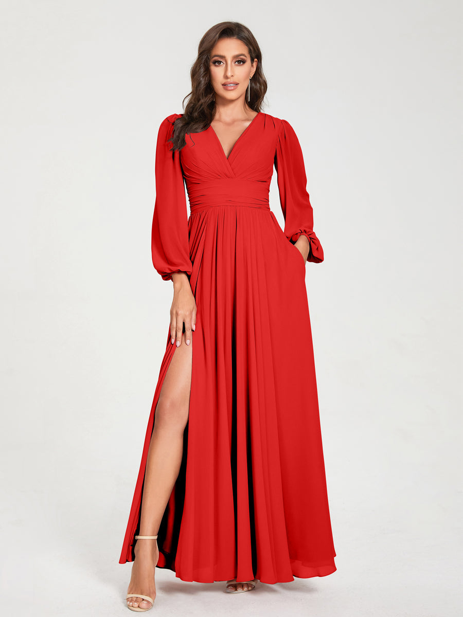 Abito da damigella d'onore a trapezio con maniche lunghe - Elegante abito formale per matrimoni e feste