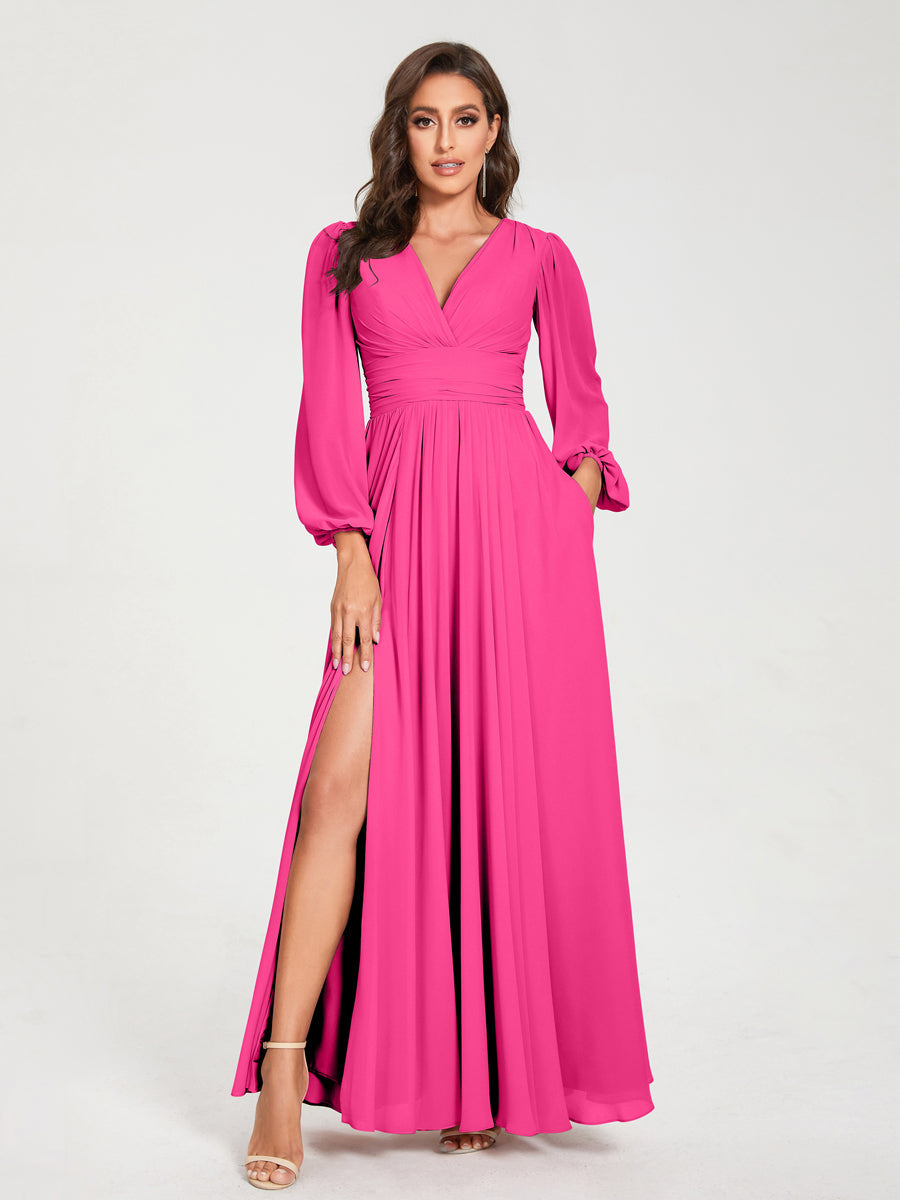 Abito da damigella d'onore a trapezio con maniche lunghe - Elegante abito formale per matrimoni e feste