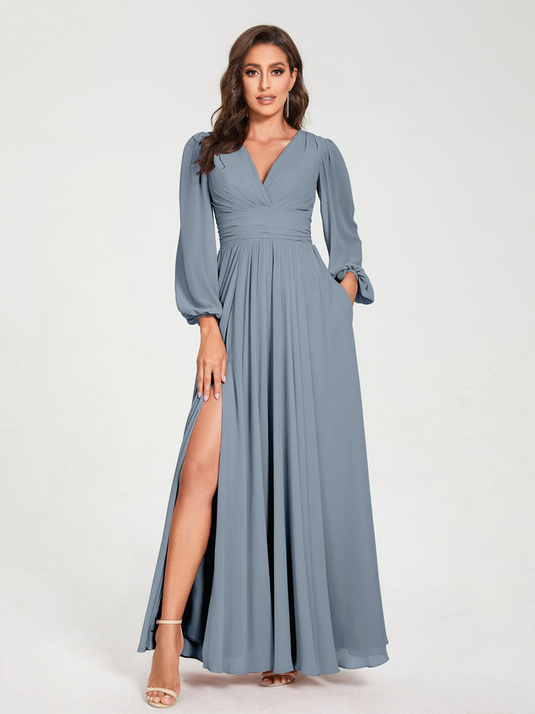 Abito da damigella d'onore a trapezio con maniche lunghe - Elegante abito formale per matrimoni e feste