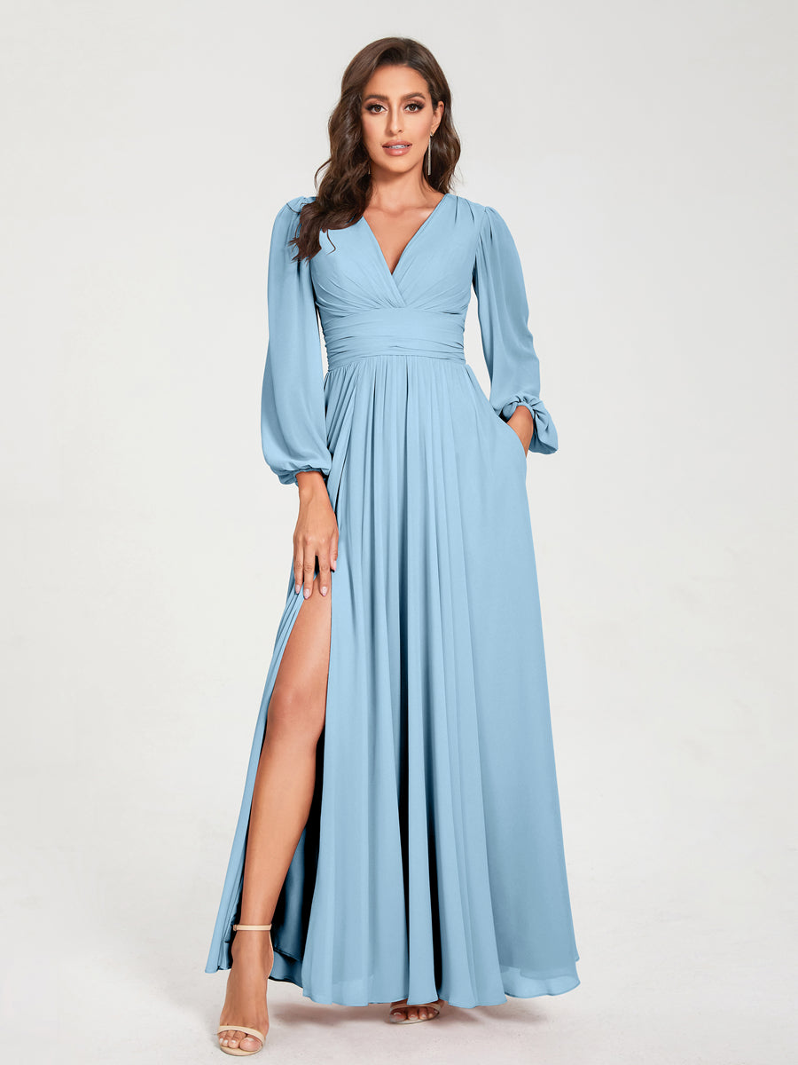 Abito da damigella d'onore a trapezio con maniche lunghe - Elegante abito formale per matrimoni e feste