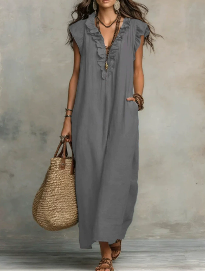 Women's casual dress in cotton and linen with ruffles