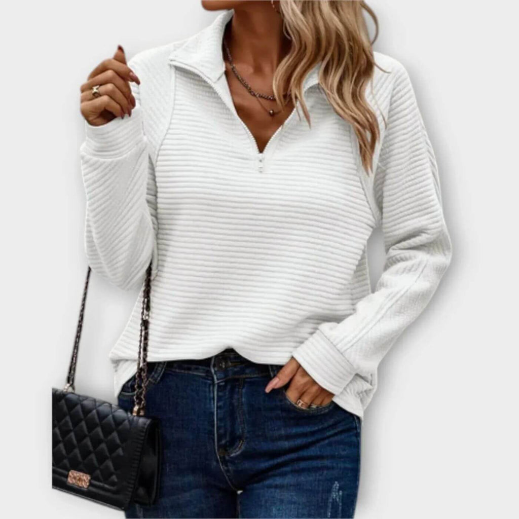 Maglione a coste con mezza cerniera da donna – Elegante maglione a maglia con scollo a V