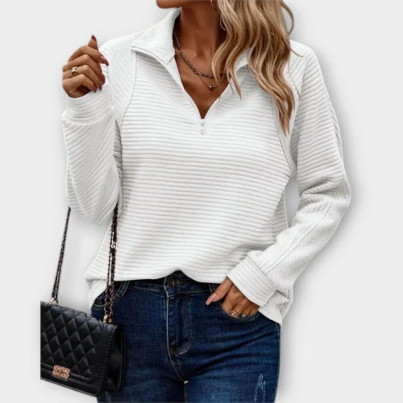 Maglione a coste con mezza cerniera da donna – Elegante maglione a maglia con scollo a V