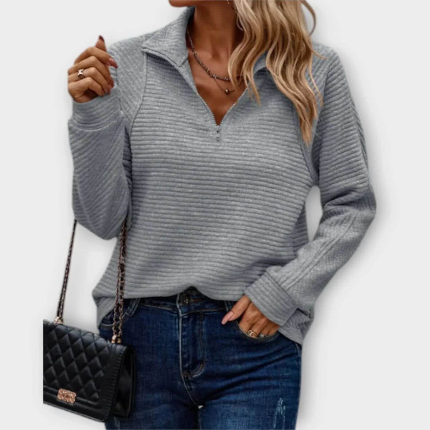 Maglione a coste con mezza cerniera da donna – Elegante maglione a maglia con scollo a V