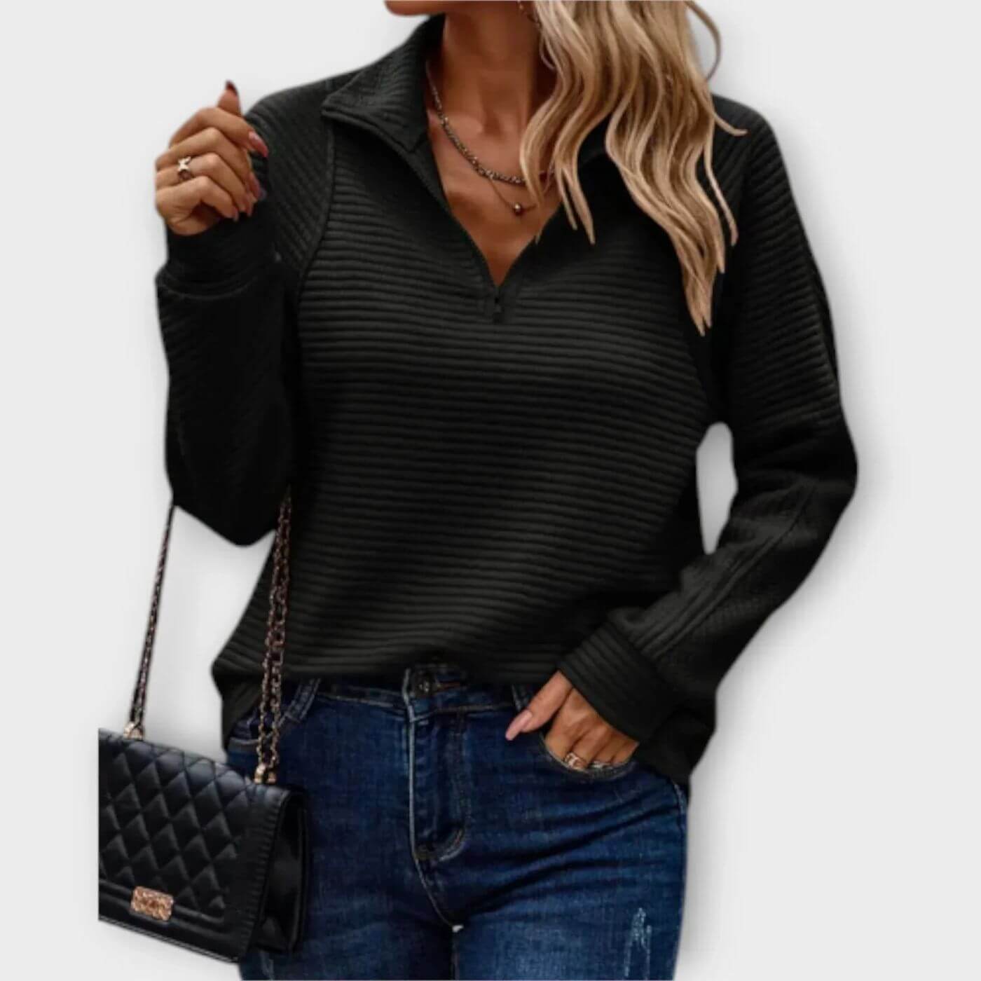 Maglione a coste con mezza cerniera da donna – Elegante maglione a maglia con scollo a V