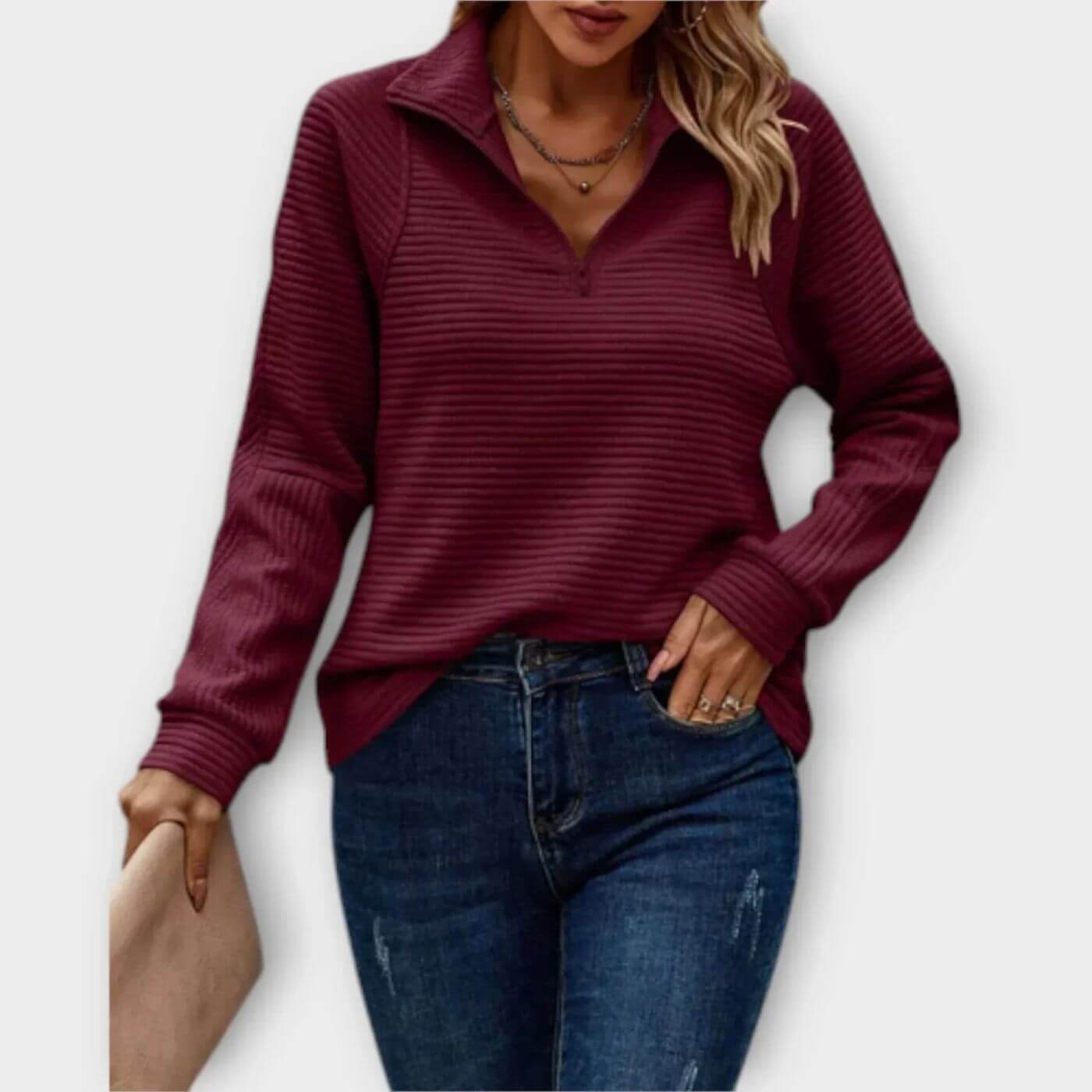 Maglione a coste con mezza cerniera da donna – Elegante maglione a maglia con scollo a V