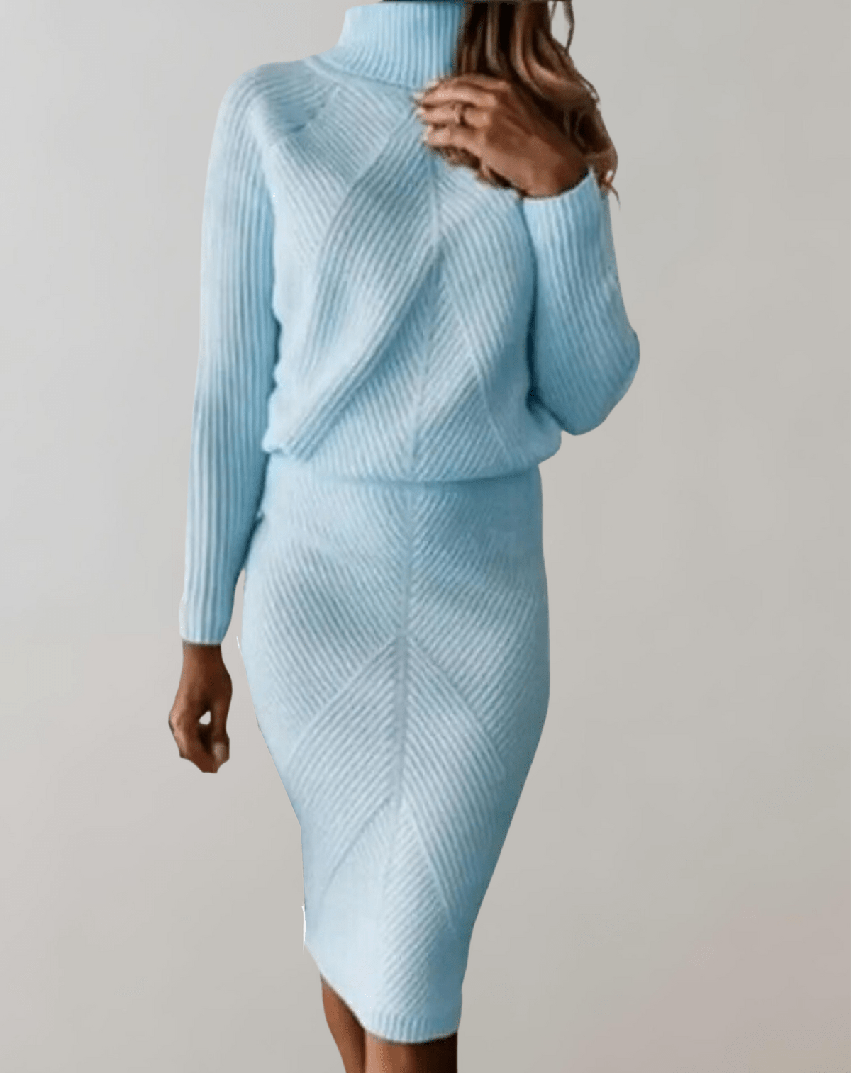 Completo da donna in maglia a coste – Maglione a collo alto con gonna aderente