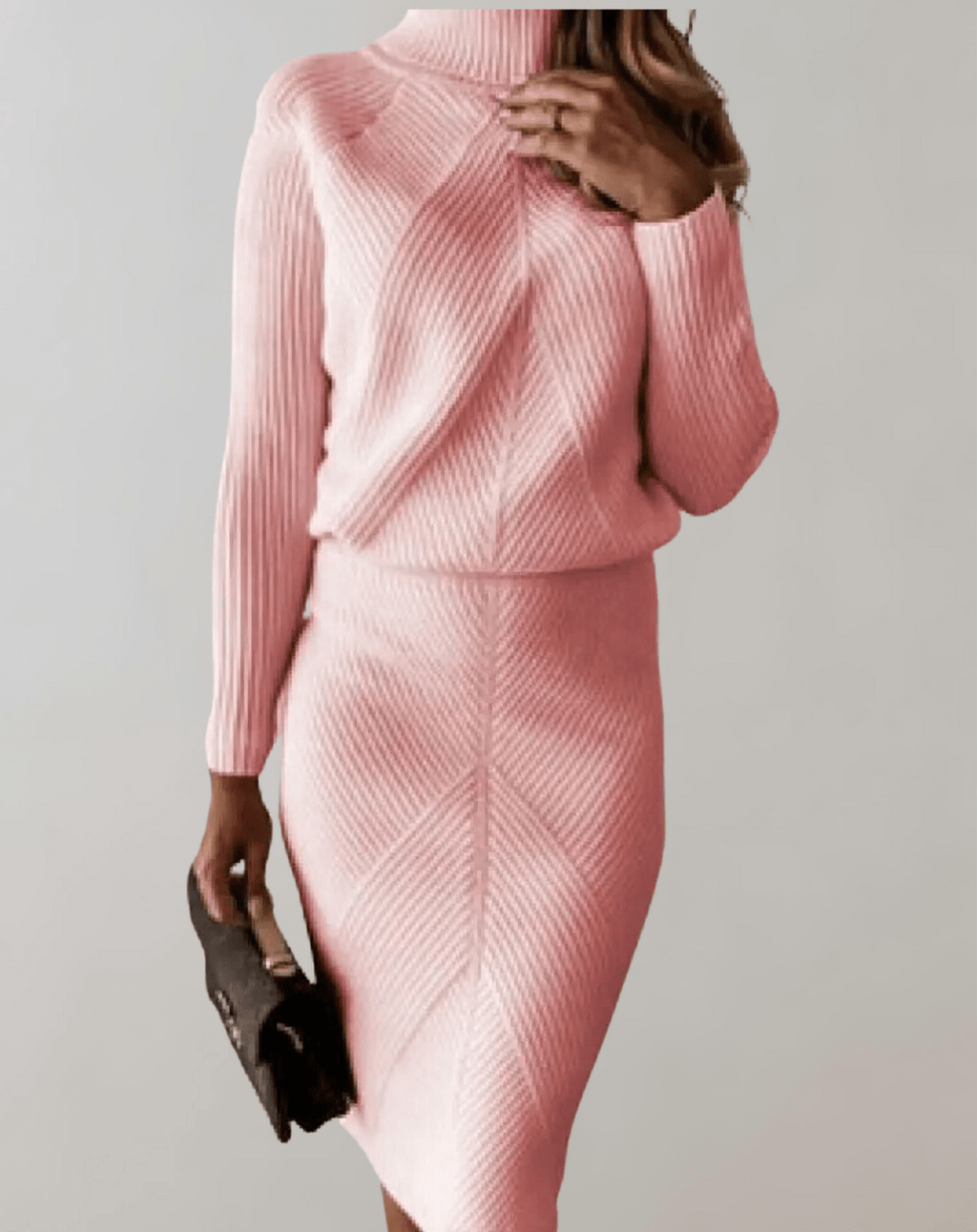 Completo da donna in maglia a coste – Maglione a collo alto con gonna aderente