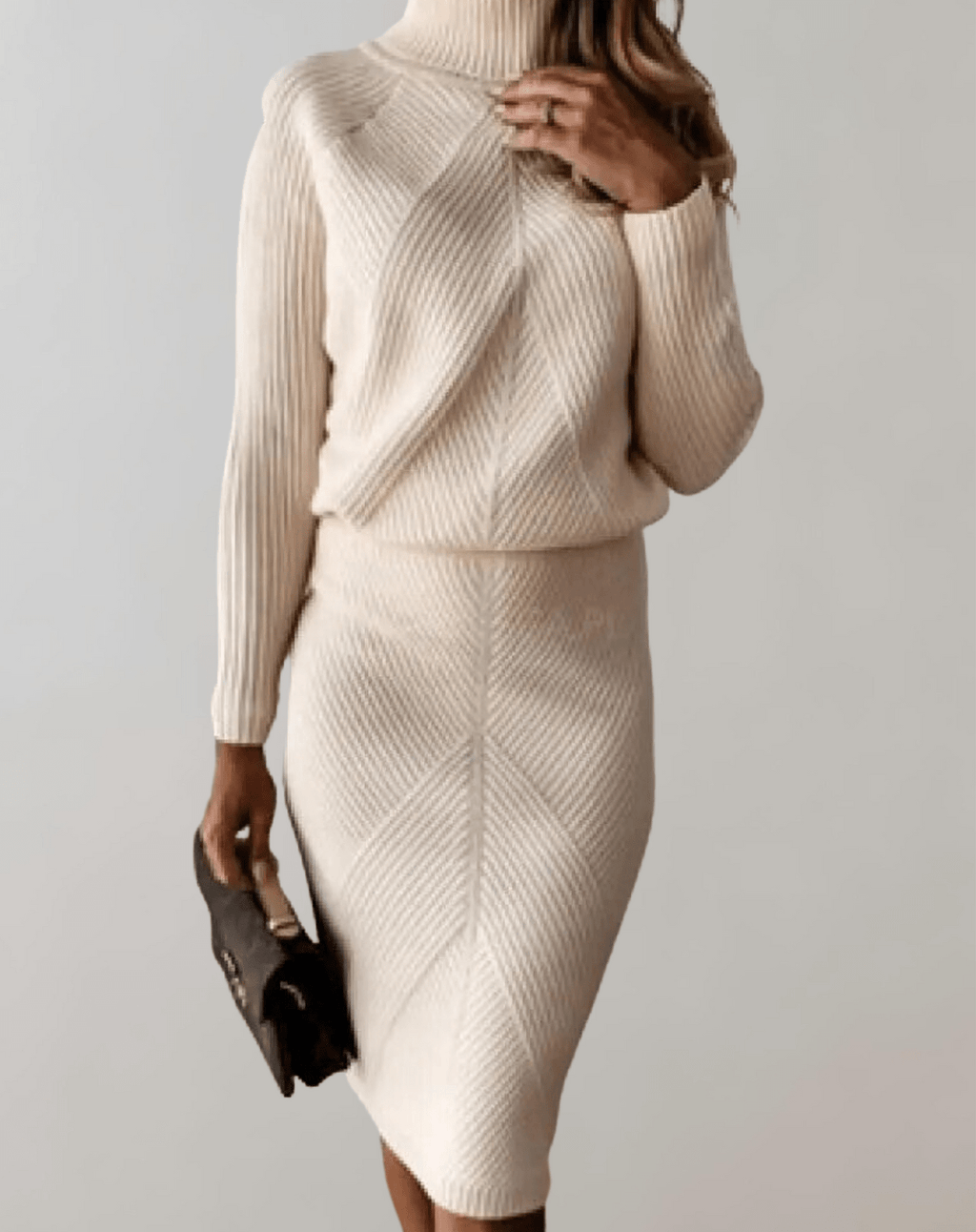 Completo da donna in maglia a coste – Maglione a collo alto con gonna aderente