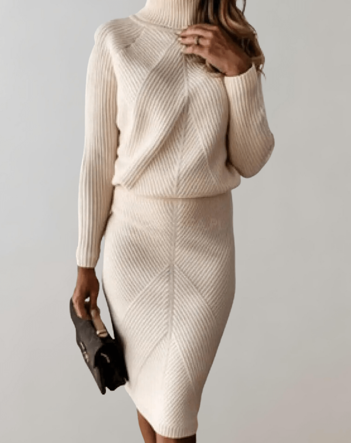 Completo da donna in maglia a coste – Maglione a collo alto con gonna aderente