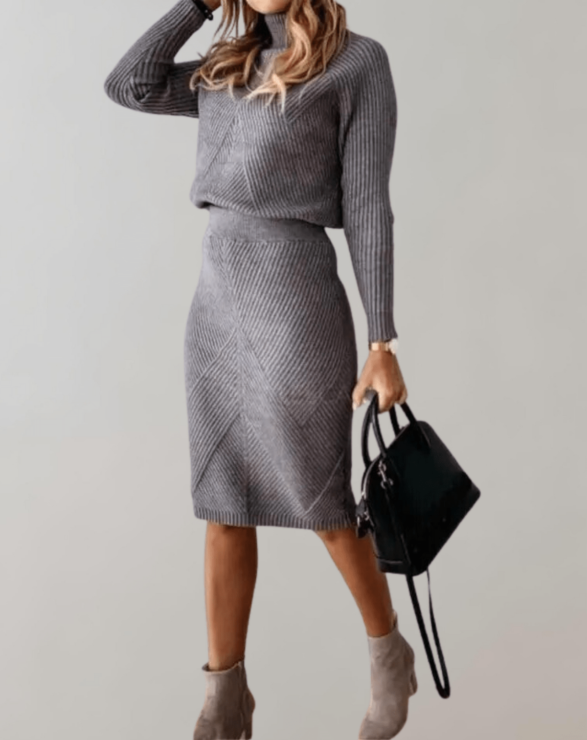 Completo da donna in maglia a coste – Maglione a collo alto con gonna aderente