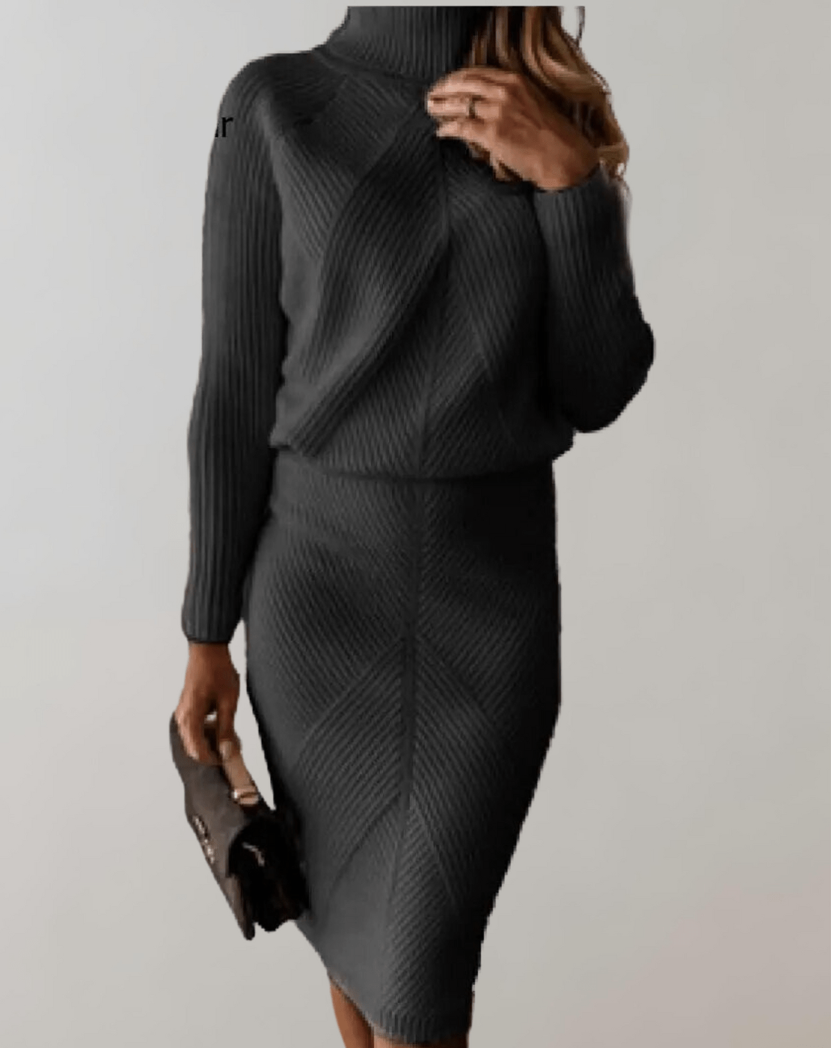 Completo da donna in maglia a coste – Maglione a collo alto con gonna aderente