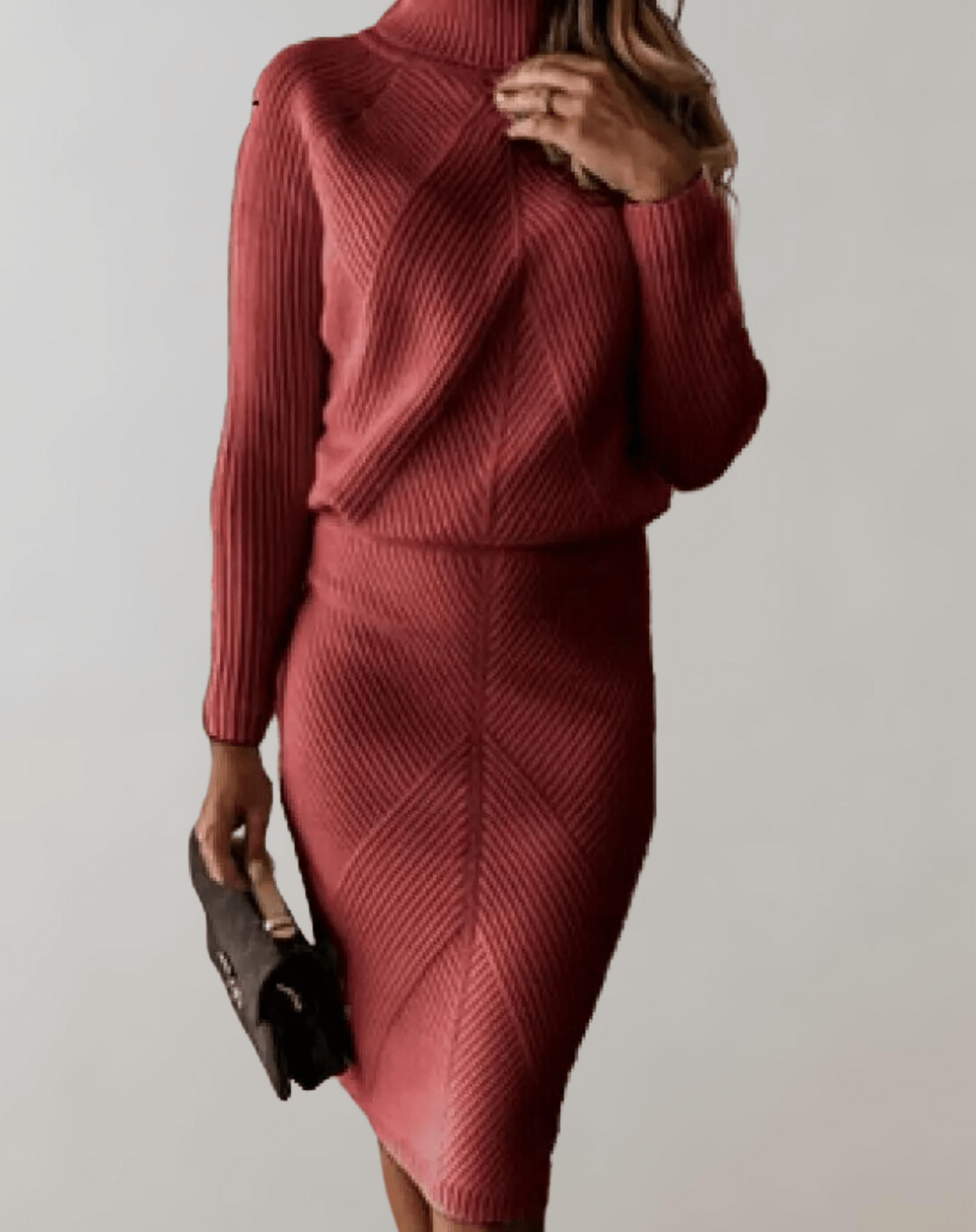 Completo da donna in maglia a coste – Maglione a collo alto con gonna aderente