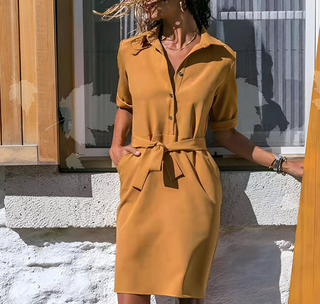 Abito chemisier a maniche lunghe con cintura da donna – Bottoni stile ufficio e casual