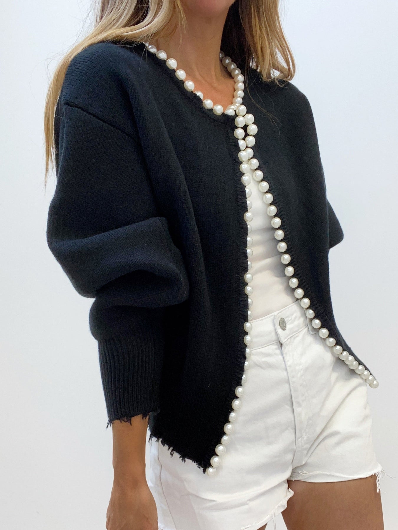 Cardigan da donna in maglia impreziosito da perle – Elegante maglia a maniche lunghe in misto cotone