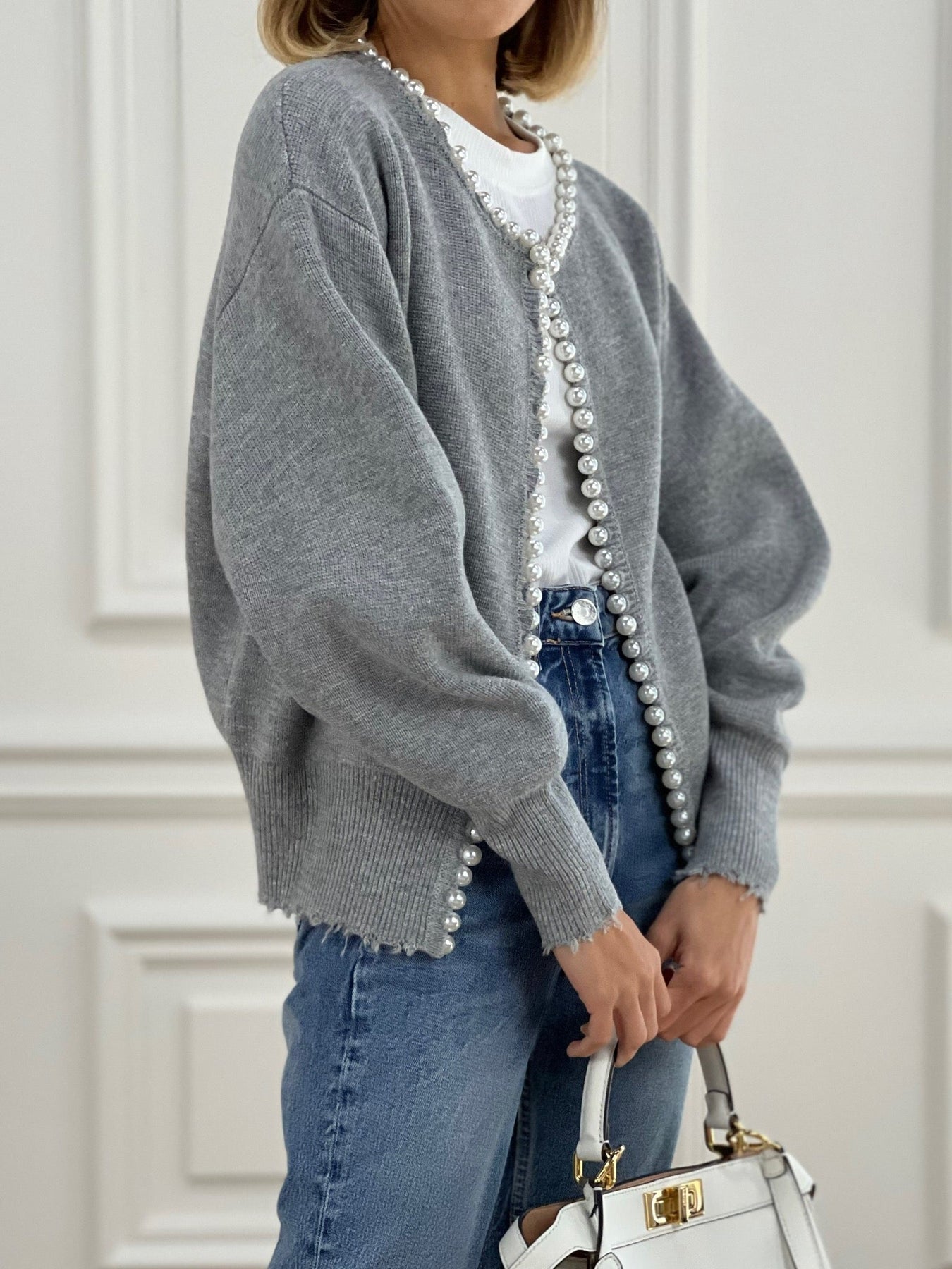 Cardigan da donna in maglia impreziosito da perle – Elegante maglia a maniche lunghe in misto cotone