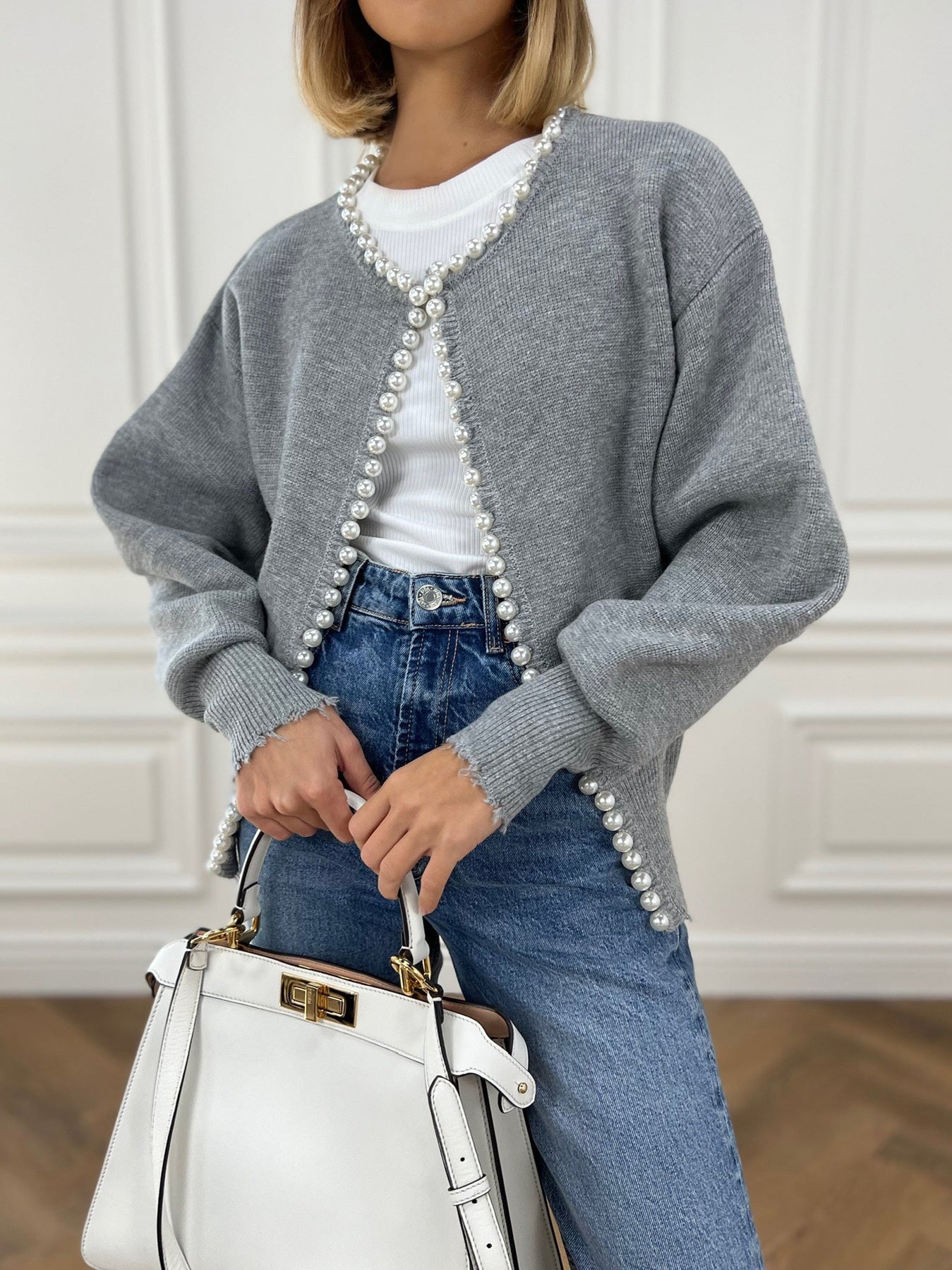 Cardigan da donna in maglia impreziosito da perle – Elegante maglia a maniche lunghe in misto cotone