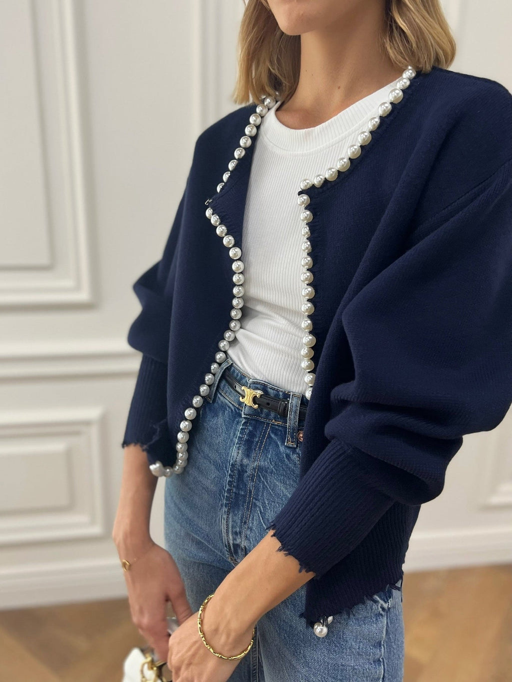 Cardigan da donna in maglia impreziosito da perle – Elegante maglia a maniche lunghe in misto cotone
