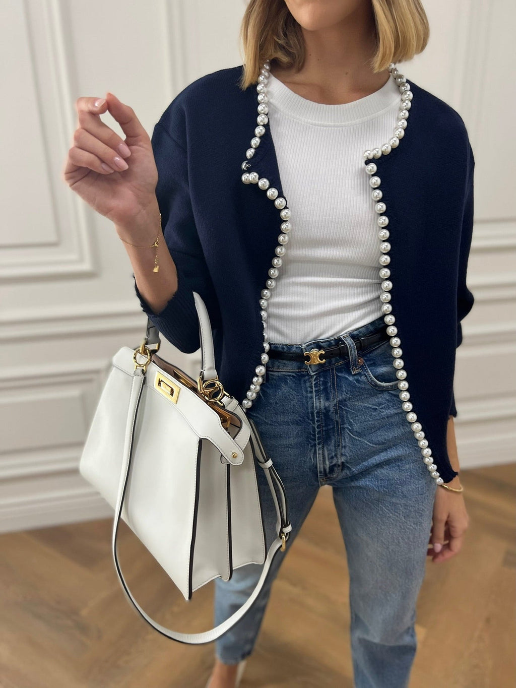 Cardigan da donna in maglia impreziosito da perle – Elegante maglia a maniche lunghe in misto cotone