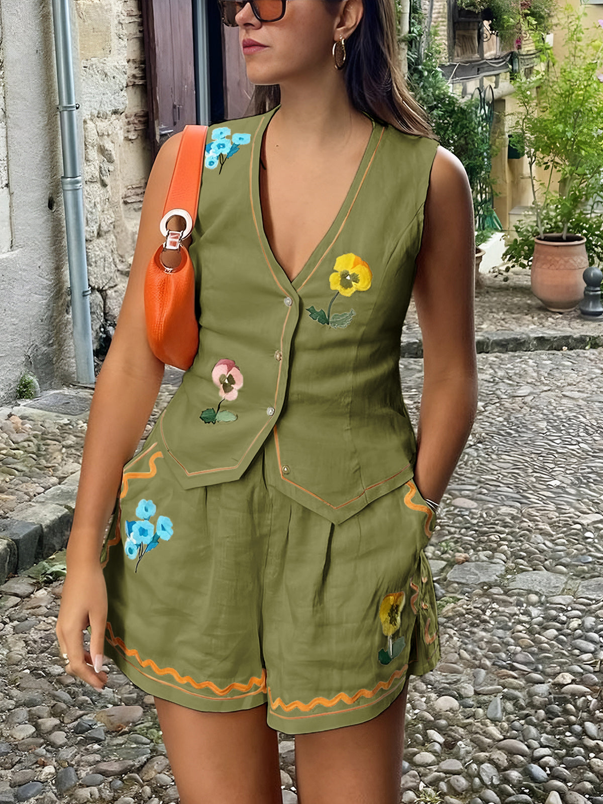 Leggero set di pantaloncini da donna senza maniche con gilet sartoriale