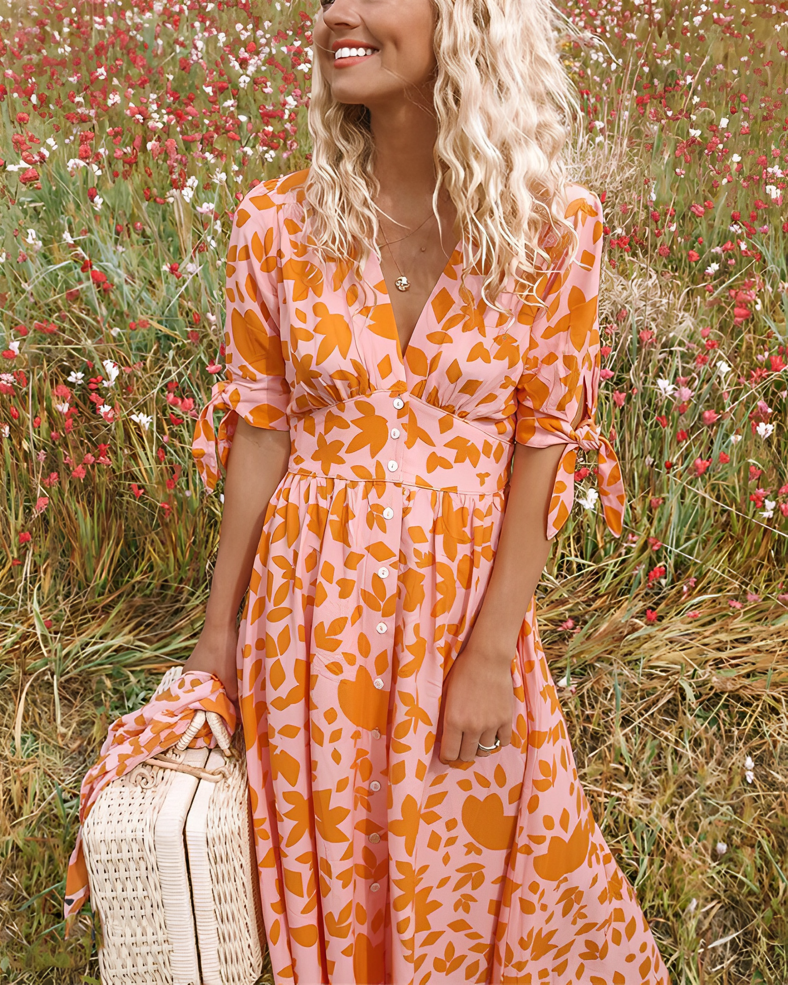 Elegante abito midi da donna con stampa floreale colorata – Stile estivo con scollo a V