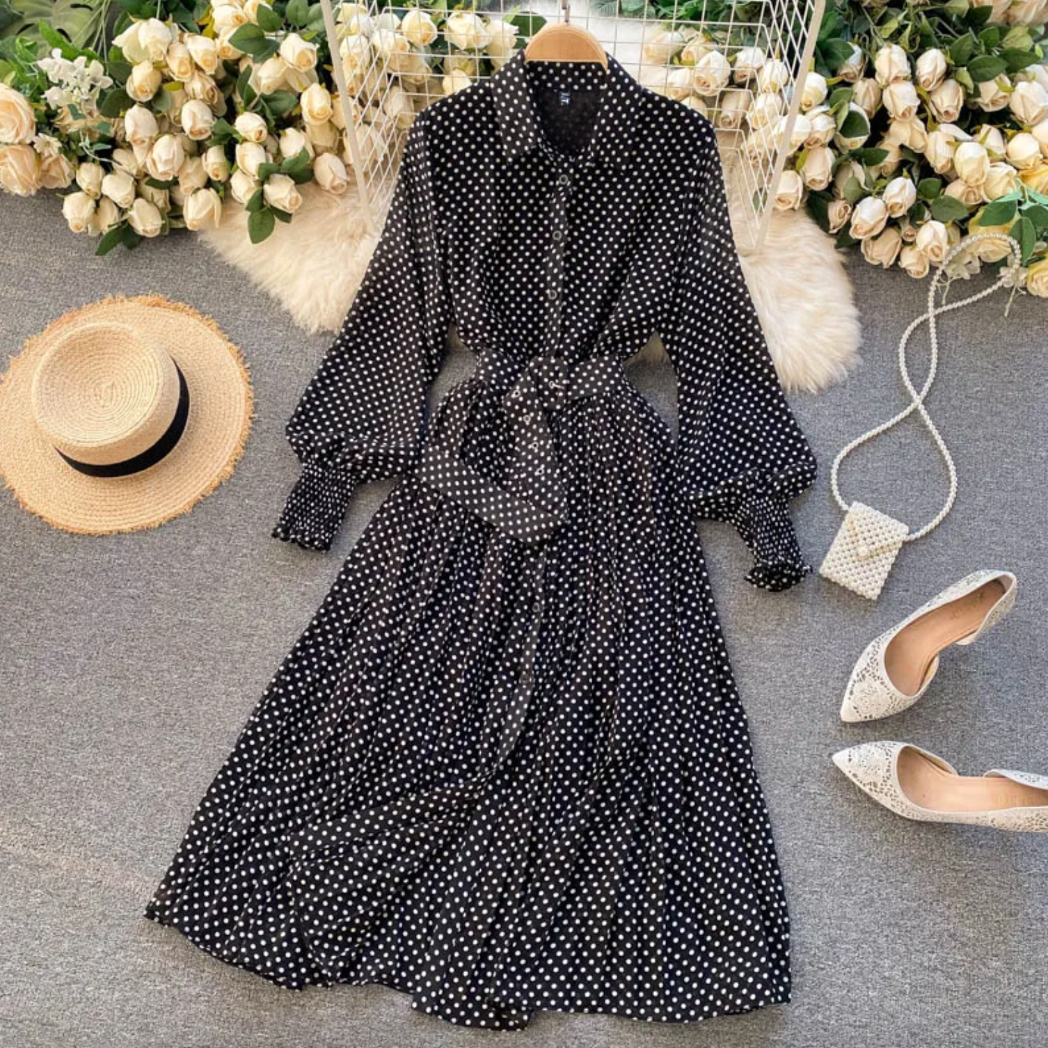 Abito elegante da donna a pois – Stile casual e alla moda per occasioni formali come lavoro e feste.