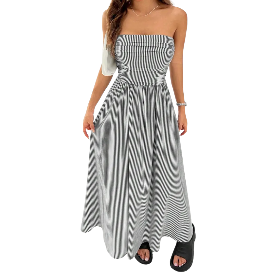 Abito maxi da donna a righe senza spalline con tasche - Leggero ed estivo