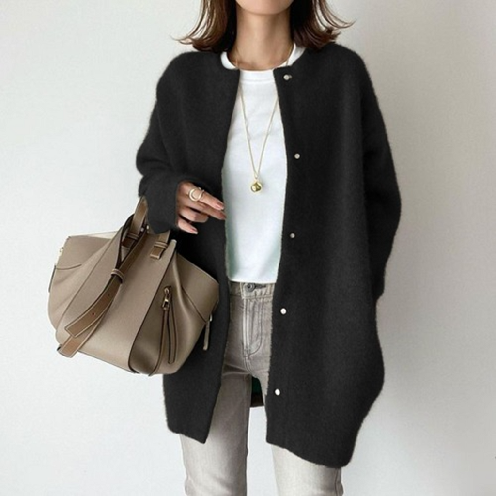 Elegante cardigan lungo con bottoni da donna – Comodo maglione girocollo