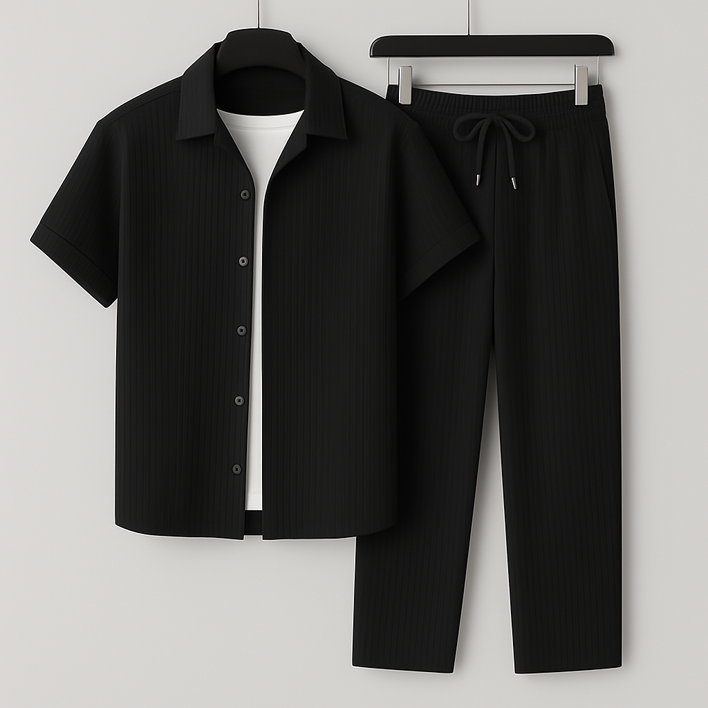 Completo uomo effetto lino con camicia e pantaloni con coulisse - Leggero e casual