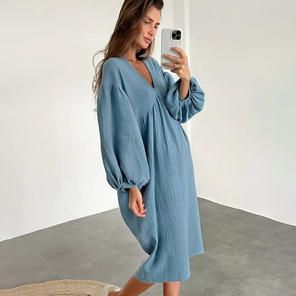 Abito midi casual da donna – Abito ampio con scollo a V