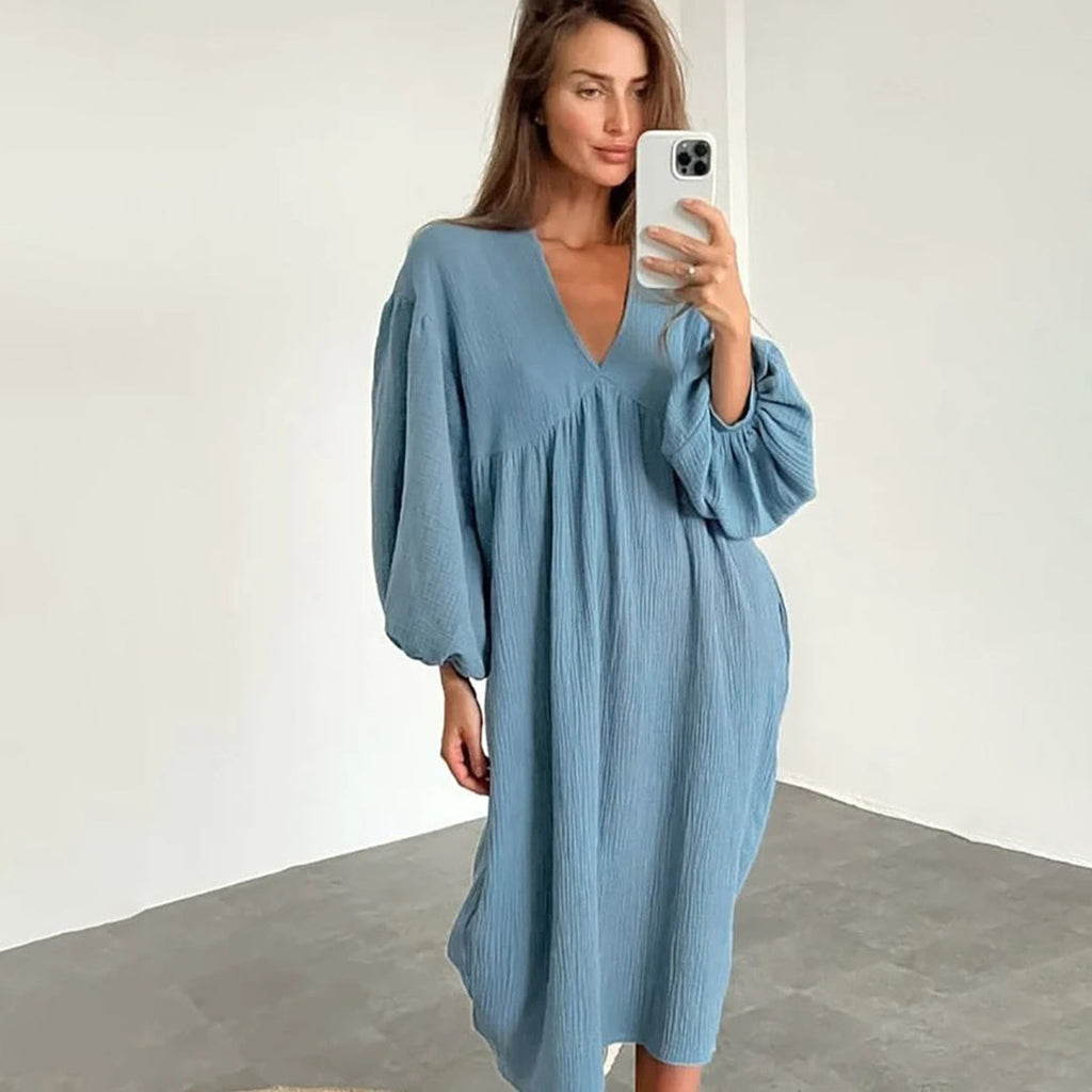 Abito midi casual da donna – Abito ampio con scollo a V