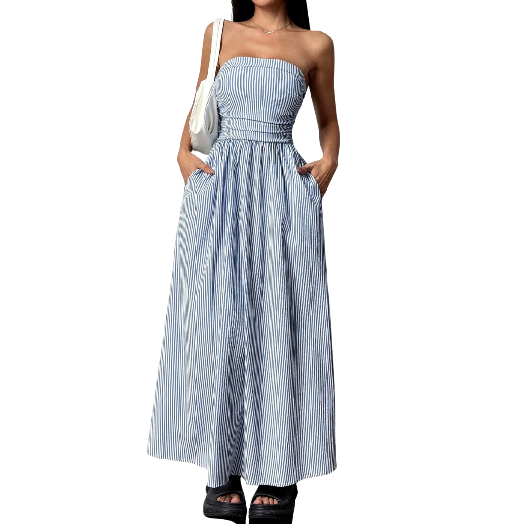 Abito maxi da donna a righe senza spalline con tasche - Leggero ed estivo