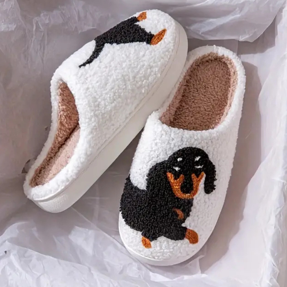 Pantofole da donna in peluche a forma di bassotto
