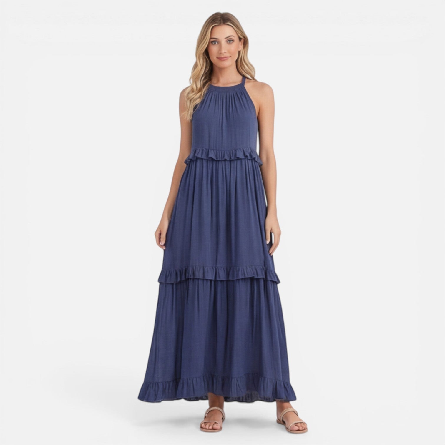 Abito Maxi Donna a Balze – Stile Estivo Leggero Senza Maniche
