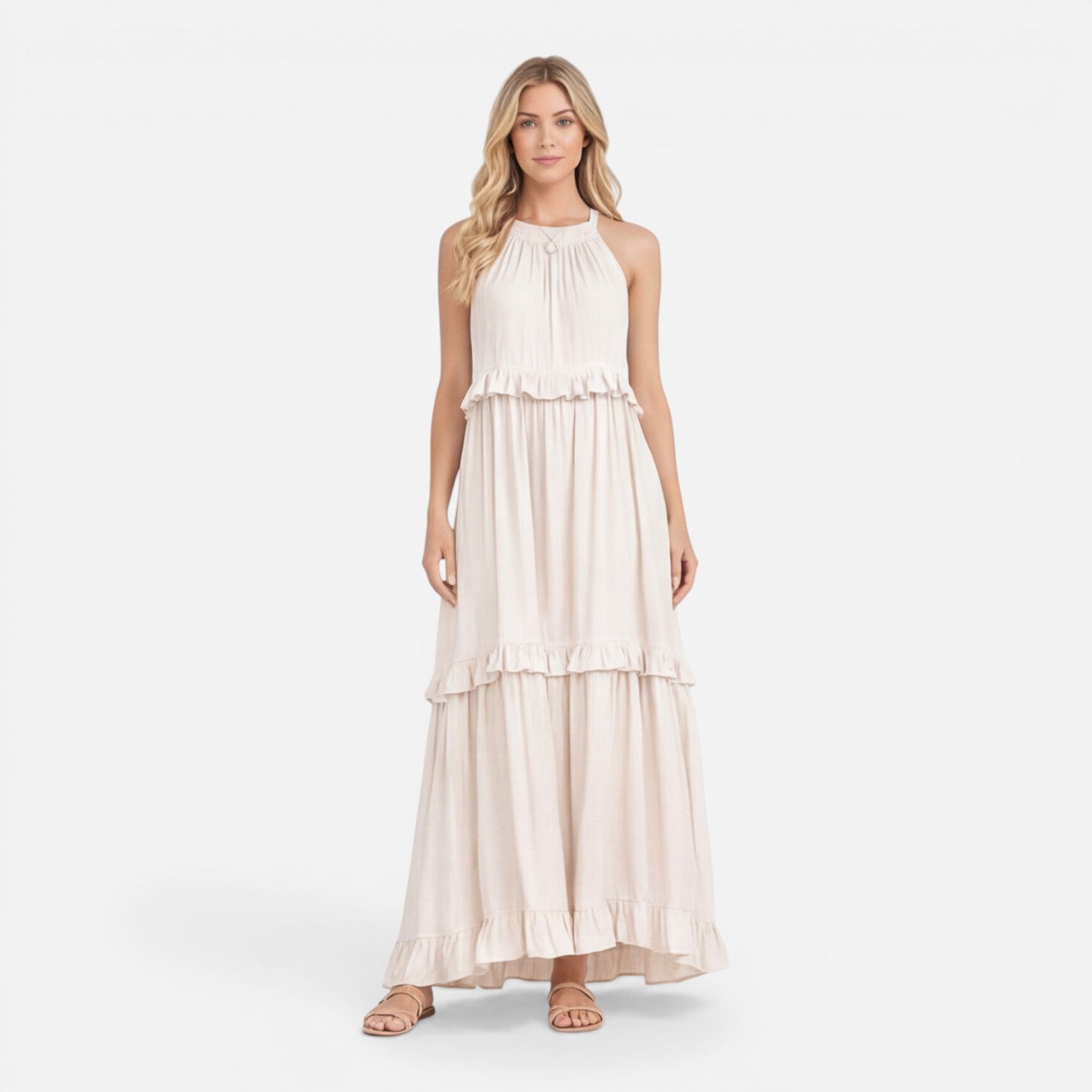 Abito Maxi Donna a Balze – Stile Estivo Leggero Senza Maniche